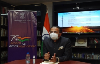 Amb. Abhishek Singh introduced the AKAM event  titled "New Frontiers- Program on Renewable Energy" in the Embassy of India,  Caracas.  He also briefed on India's remarkable journey in the field of new and renewable energy